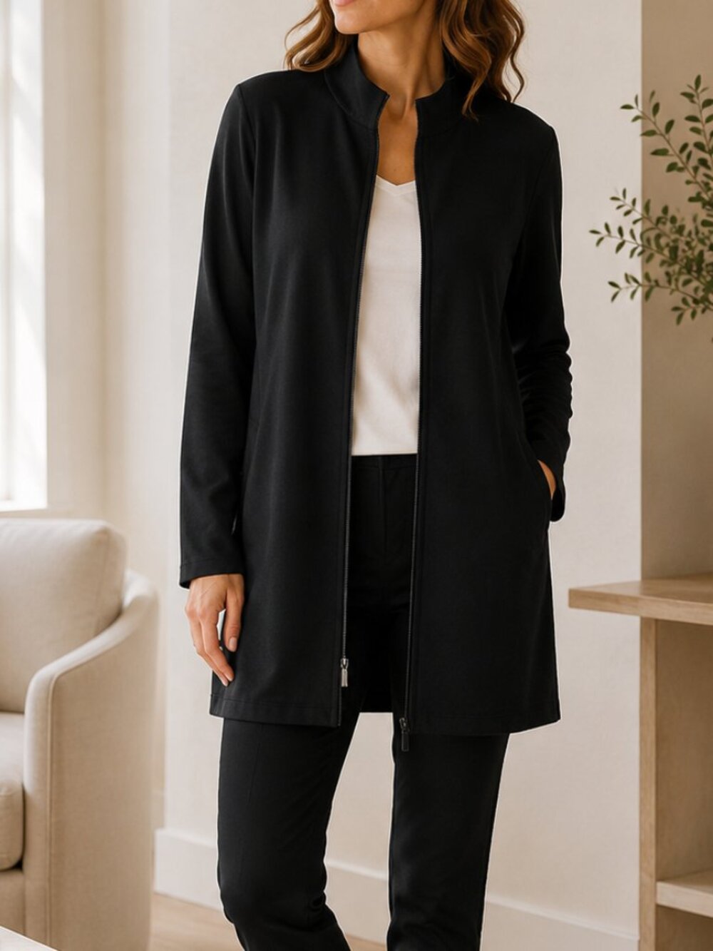 Eileen Fisher Longline Zip Front Jacket Black Stand Collar Stretch Knit S